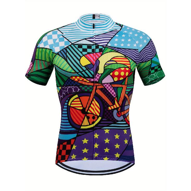 Farbenfroher Radsport-Musterdruck, Herren Kurzarm Radtrikot mit Reißverschluss, Atmungsaktives Schnelltrocknendes Slim-Fit Radsportshirt für Herren
