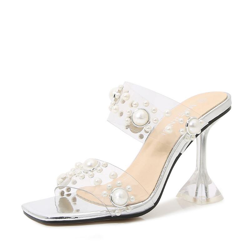 

Жемчужное слово с сандалиями уличные сандалии лето актриса кристалл тонкий каблук мода прозрачные нишевые туфли на высоком каблуке 46 серебряный