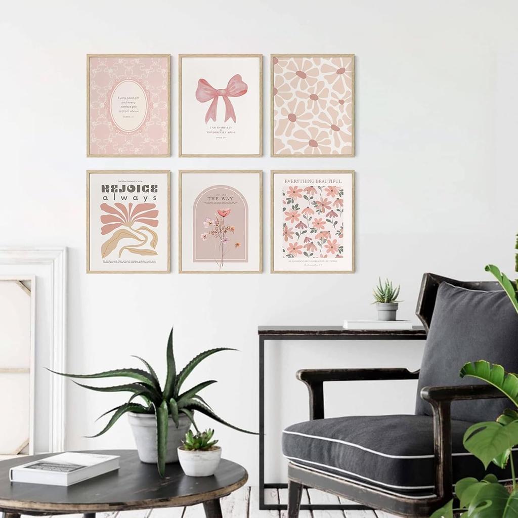 QQG Christian Wall Art Prints Set of 6 Pink Bible Verses Pictures Wall Decor Boho Floral Scripture Gallery Prints Girly Coquette Bow Aesthetic