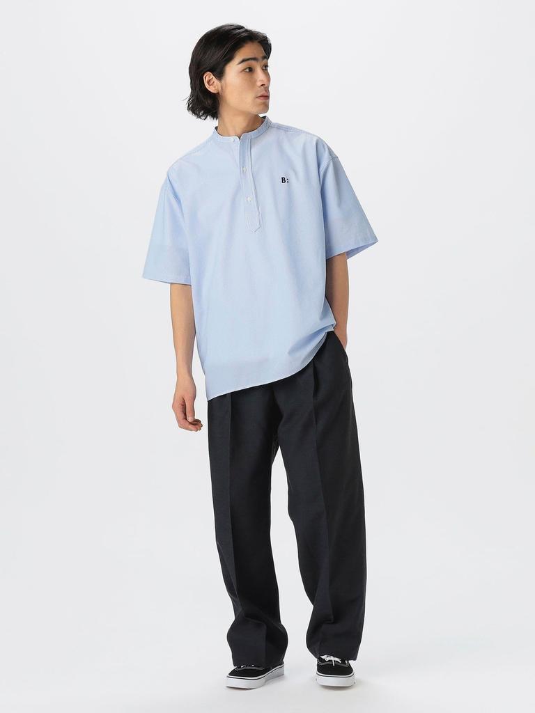 B:MING LIFE STORE by BEAMS Men's S/S Shirt, Soccer Band Collar, Half Sleeve, Blue, Size M