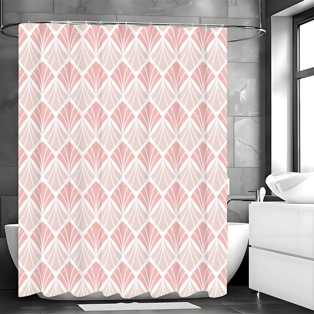 Modern Creative Geometric Pink Leaf Pattern Shower Curtain, Bathroom Decorative Shower Curtain, Waterproof Shower Curtain with H W90xH180cm