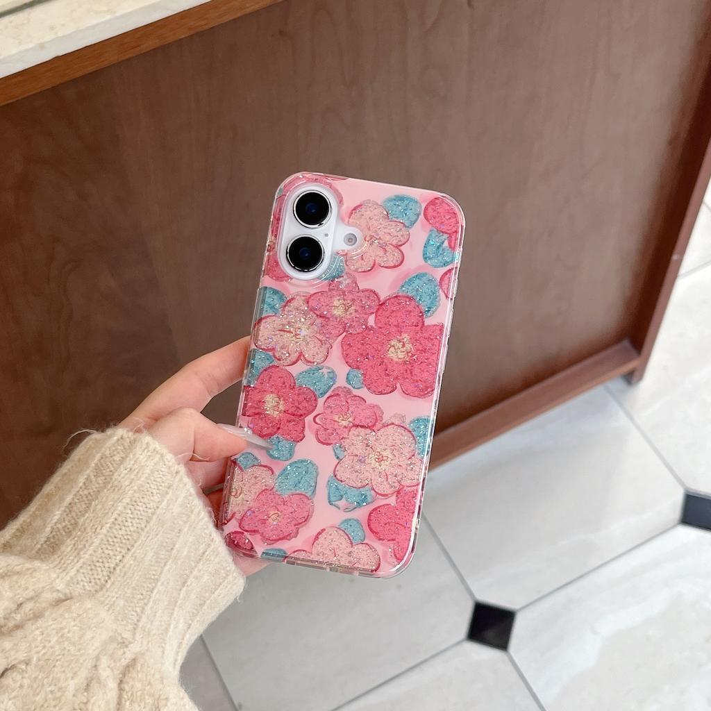 Frühlings-Rosa-Blumen-Hülle für Apple 16 iPhone 17 Pro Max Neu 15/14 Doppellagiger Glitzer