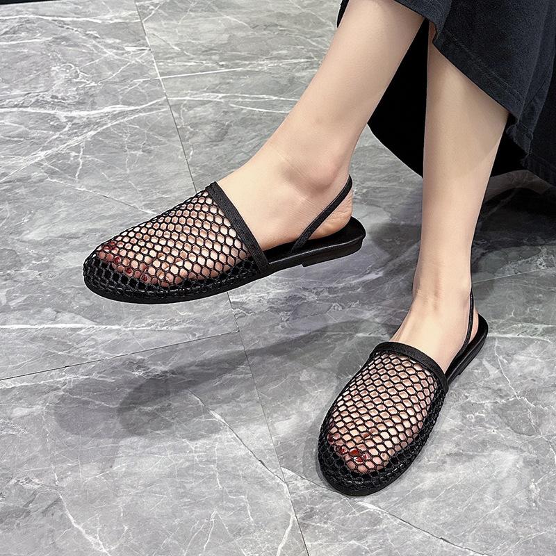 Fashion 24 New Fashion Fish Net Weaving Hollow Roman Sandals Summer Round Toe Flat Bottom Fisherman's Shoes Baotou Half Slippers