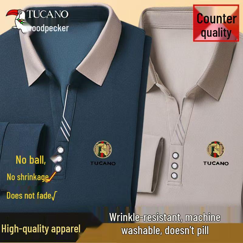 Woodpecker Men's Long-Sleeve Solid Color Polo Shirt with V-Turn Collar for Spring and Autumn.