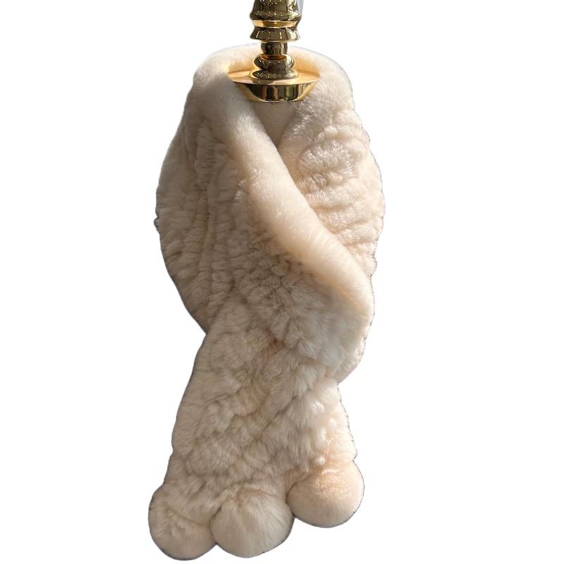 Korean Real Rex Rabbit Fur Woven Scarf Double-sided Thickened Warm Fur Scarf Cute Ball Fur Collar Children