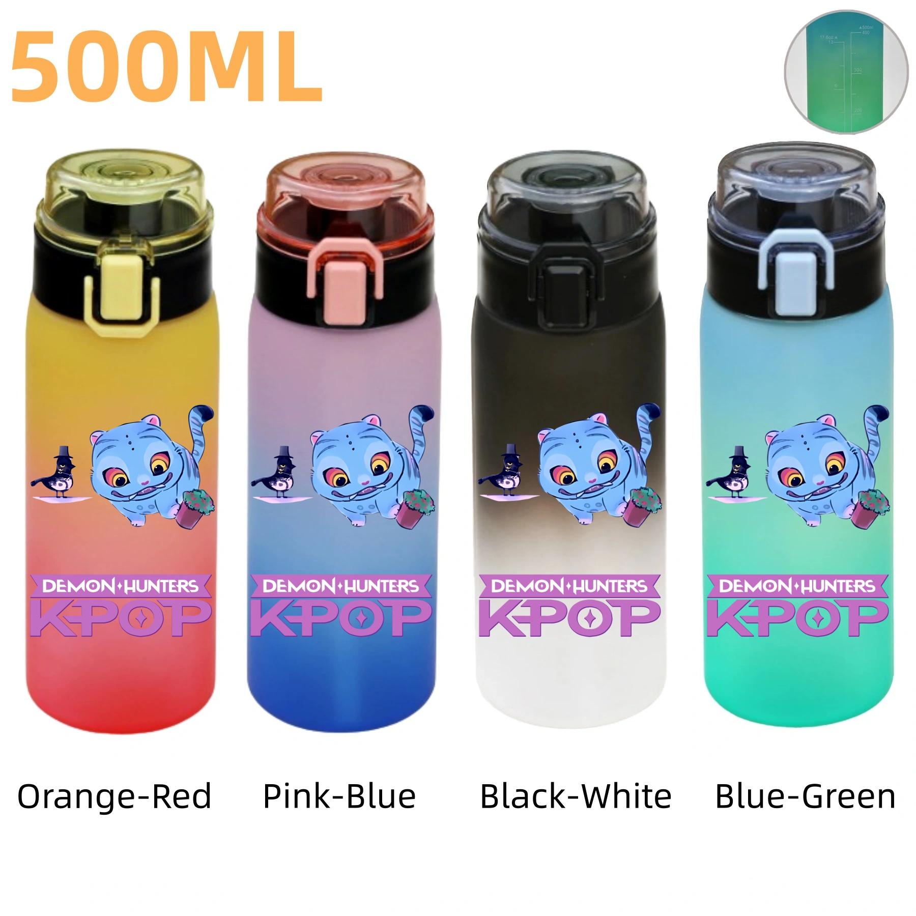 

500ML KPop Demon Hunters Plastic Anime Water Cup Has Scale Travel Office Gym Hiking Portable Drink Bottles Outdoor Sport Presents Pink-Blue-1PCS