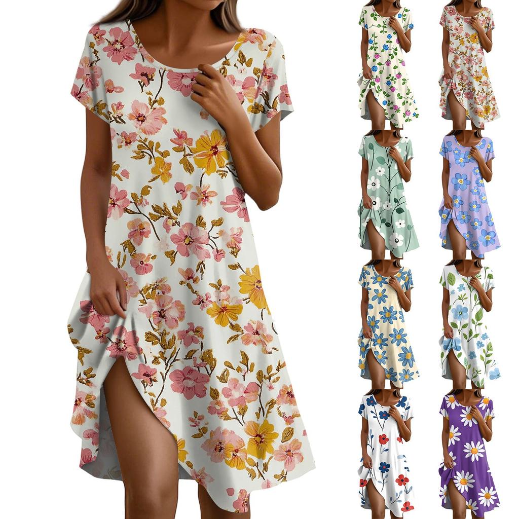 Short Sleeve Boho Dress For Women Casual Loose Fit Summer Sundress Floral Print Dress With Pockets