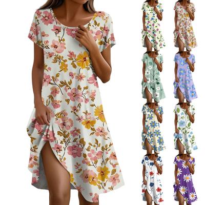 Short Sleeve Boho Dress For Women Casual Loose Fit Summer Sundress Floral Print Dress With Pockets