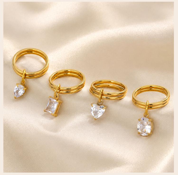 18K Gold Plated Waterproof Stainless Steel Dainty Drop CZ Stackable Ring for Women, Minimalist Double Row Dangle Rings Jewelry