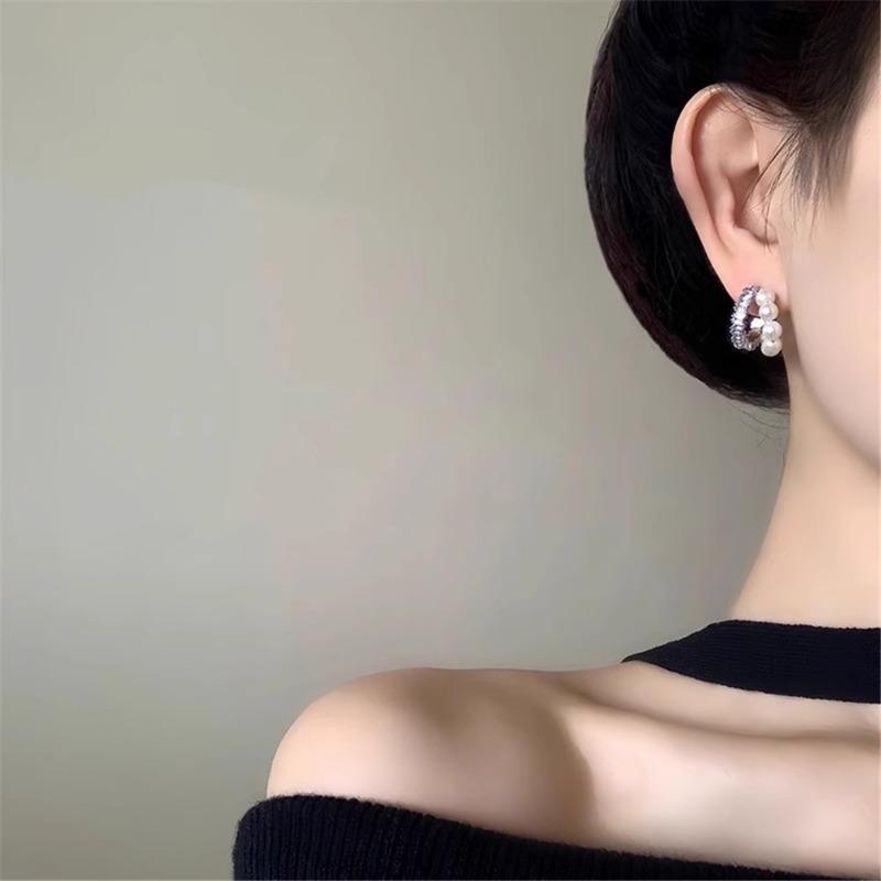 Lilac Purple Pearl Zircon Hoop Earrings Elegant Light Luxury Women S Jewelry