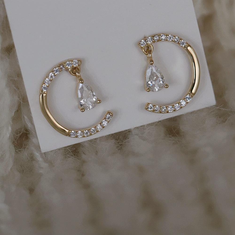 Elegant Water Drop Half-Circle Earrings: S925 Sterling Silver, 14K Gold Plated, Diamond Inlaid, Free Shipping. 925 Silver