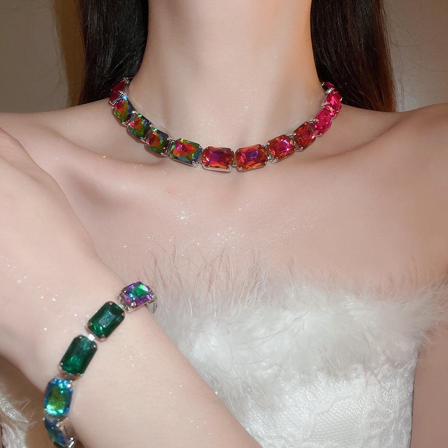 Elegant Rhinestone Geometric Earring and Necklace Set with Color Block Design