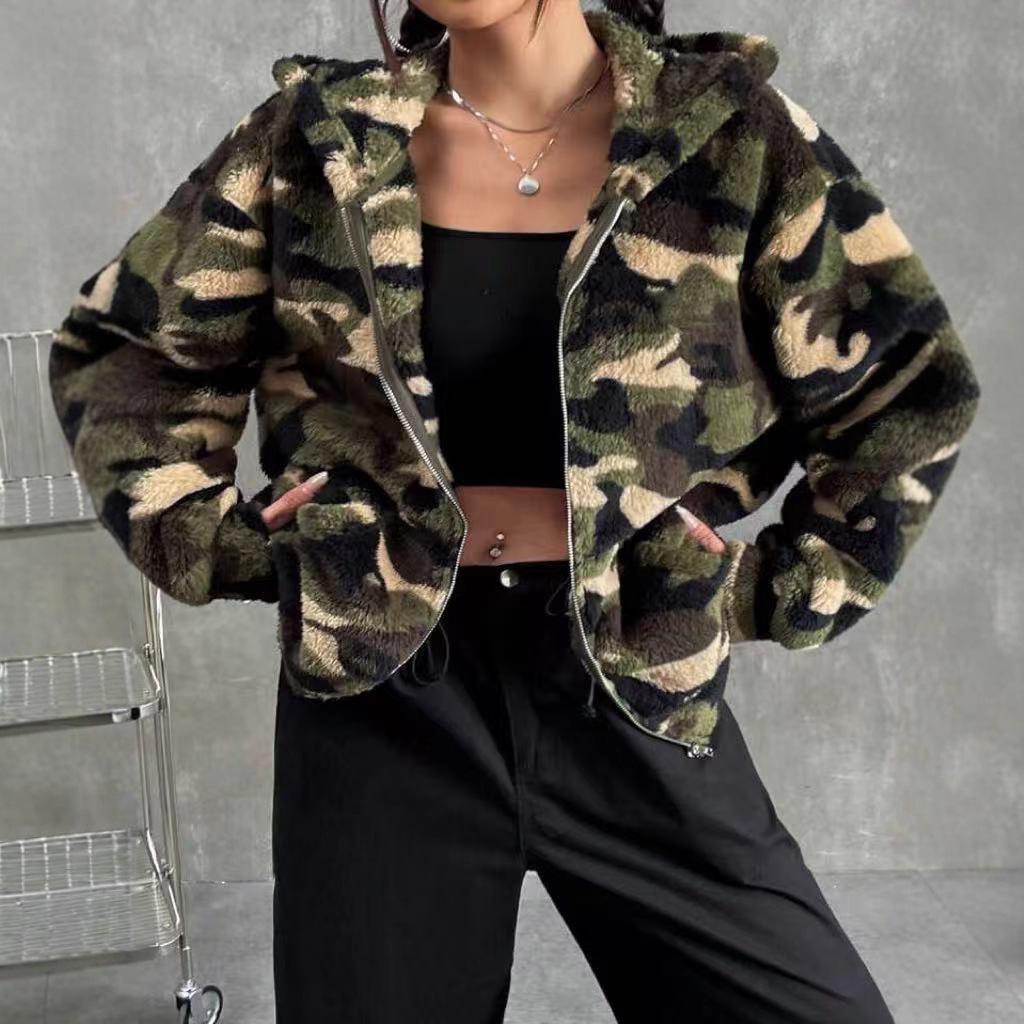 European & American Double-sided Camouflage Plush Zipper Hooded Women's Autumn/Winter Cardigan Coat