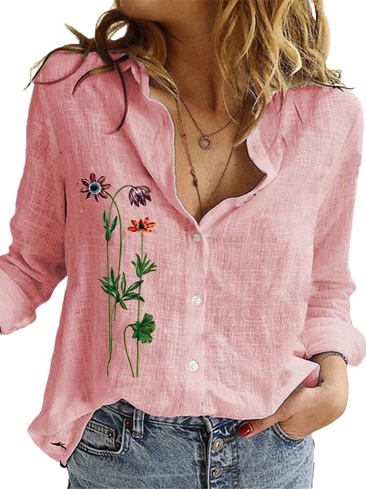 Camisa de Manga Larga de Moda para Mujer Top Holgado de Algodón Lino Blusas Casuales con Estampado para Señoras