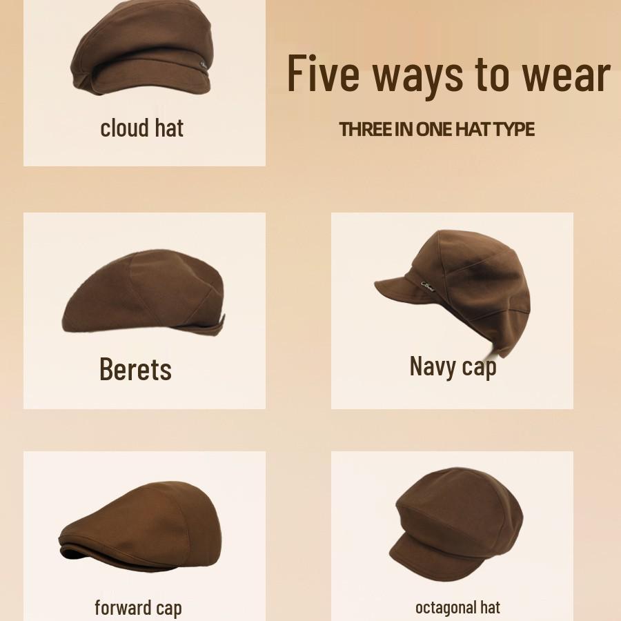 Cloud Octagonal Hat: Women's Retro Khaki Beret, Large Face-Slimming Autumn/Winter Cap, Men's Black Flat Hat