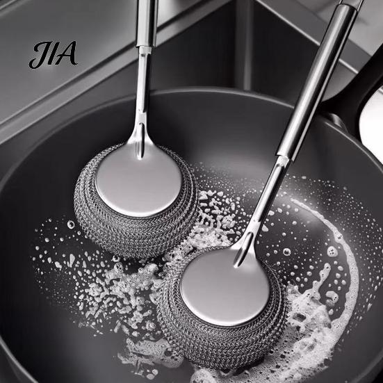 Non Scratch Wire Brush Stainless Steel Wool Scrubber with Long Handle, Deep Cleaning Heavy Kitchen Sink Duty Scrub Brush, Non-Scratch Pot Scouring