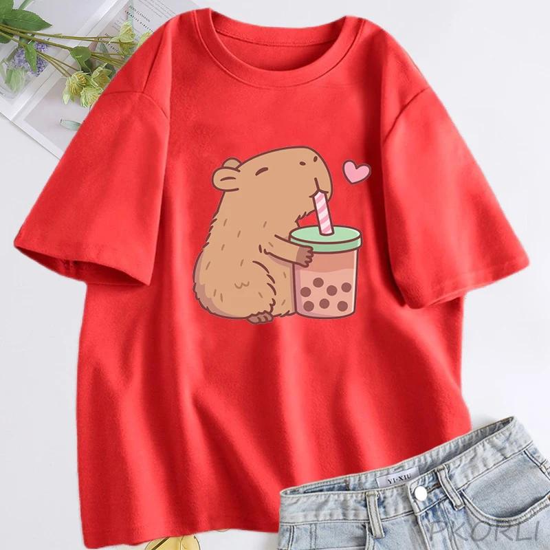 Cute Capybara Loves Bubble Tea T Shirt for Women Cotton Short Sleeve Cartoon Graphic T Shirts Summer Short Sleeve Tee Clothes