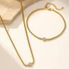 Gold Plated Stainless Steel Box Chain Necklace Bracelet Set with Single CZ Stone