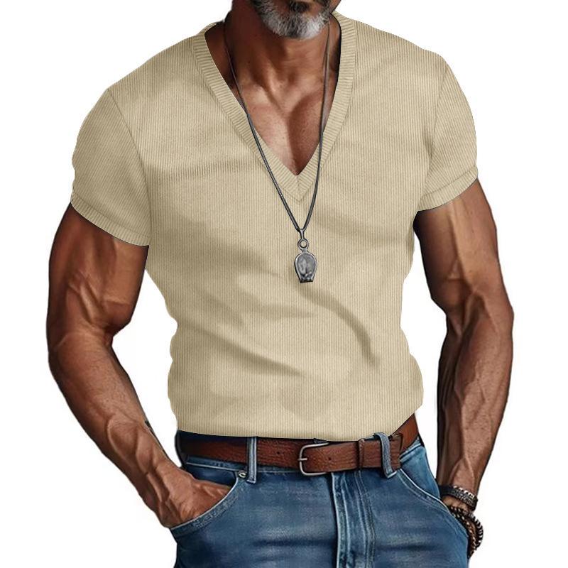 Men's V-neck Slim Fit Corduroy Casual Short Sleeve T-shirt, Solid Color