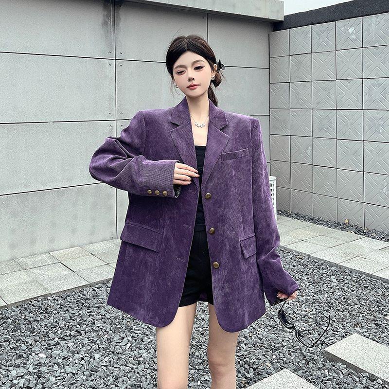 Elegante Giacca Blazer in Velluto a Coste Viola da Donna Primavera Autunno Vintage Vestibilità Larga Spallina Blazer Trendy Chic Cappotto
