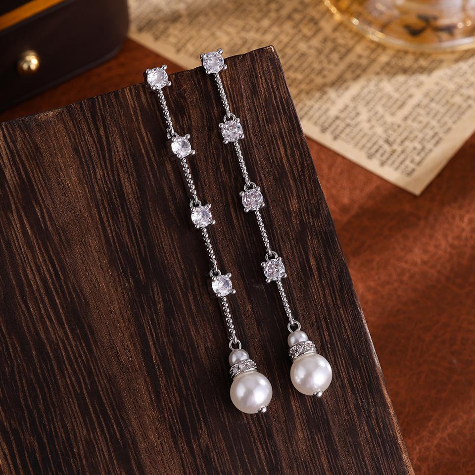 ZAKOL Exquisite Shiny Zircon Round Zircon Long Earrings High-quality Sliver Gold Color Bridal Earring Zircon Gift