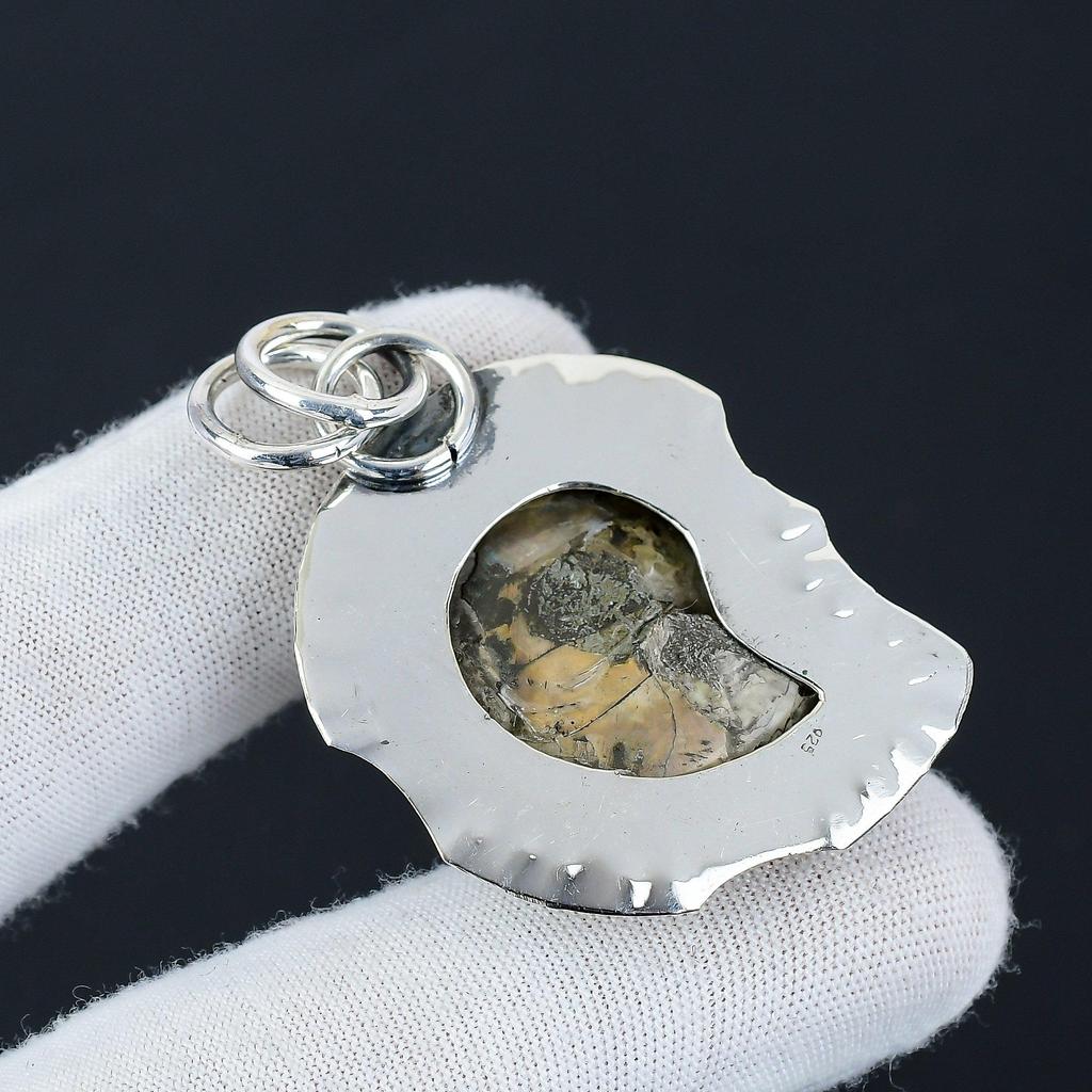 Natural Ammonite Gemstone Silver Pendant in 925 Sterling Silver- Handmade Design, Everyday Wear Jewelry, Unique Pendant Birthday Gift