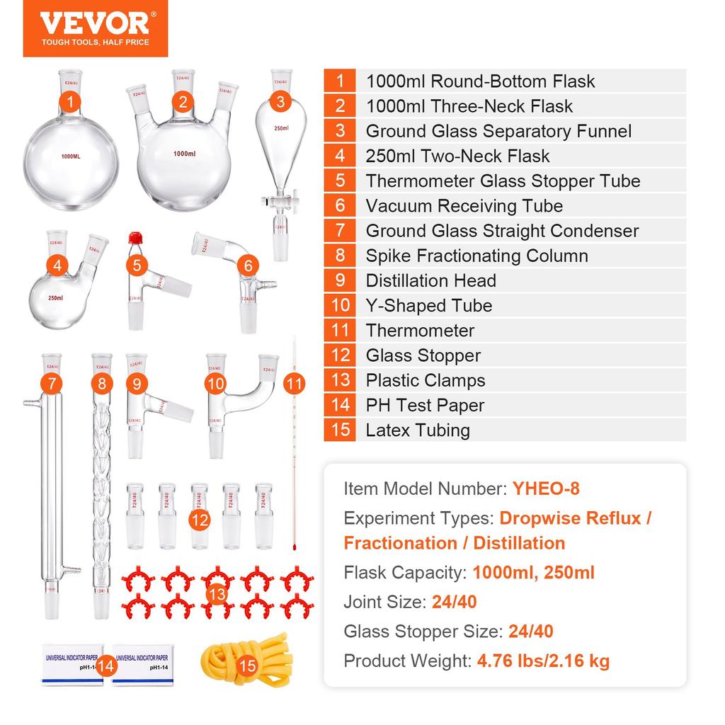 VEVOR Lab Distillation Kit, 3.3 Boro Lab Glassware Distillation Kit with 24, 40 Joint, 1000ml Essential Oil Distillation Apparatus Kit
