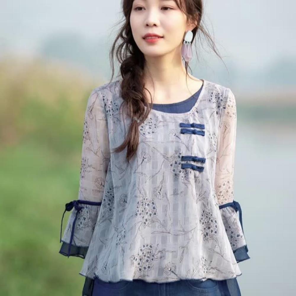 Chiffon Shirt Top for Women in Summer New Retro Loose Slimming Belly Fashion Versatile Versatile Versatile Sleek Shirt for Women