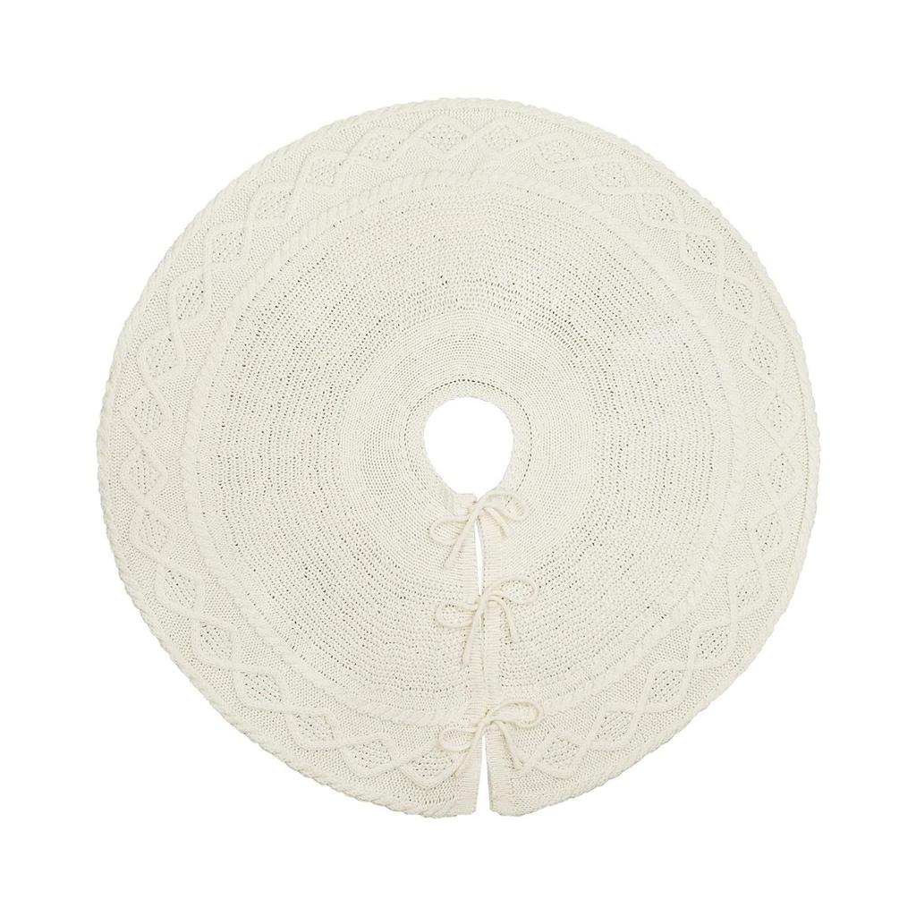 White Knitted Christmas Tree Skirt with Tie-Up Apron