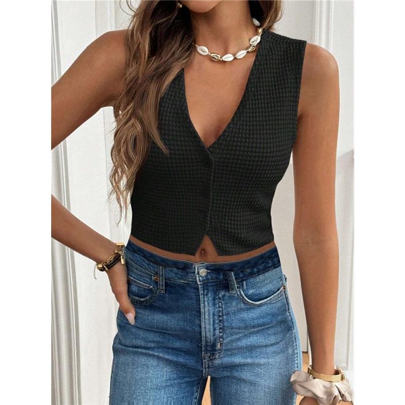 

Casual And Minimalist, Easy-matching V-neck Three-button Women s Vest T-shirt Top L чёрный