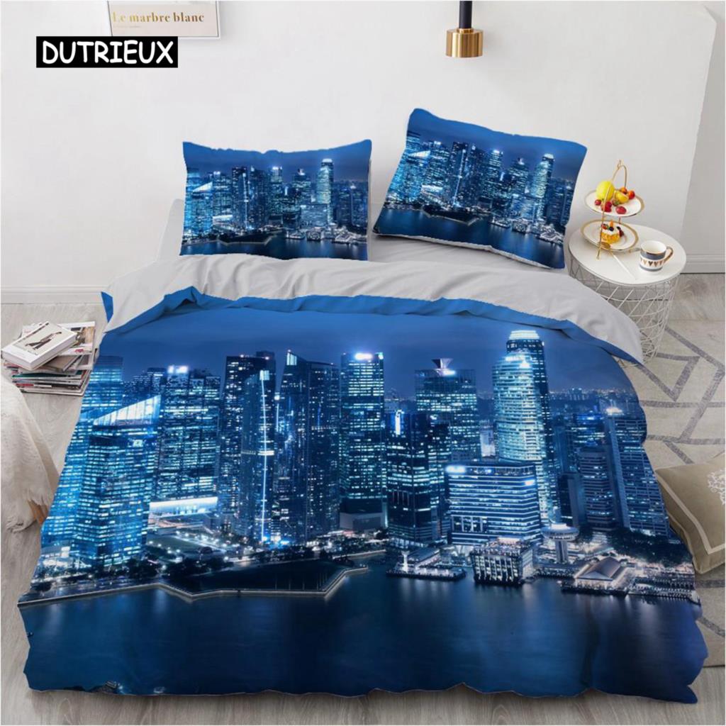 Urban Night View Duvet Cover Set Brightly Lit Night Scene Bedding Set for Teens Adults Queen Size Soft Microfiber Quilt Cover