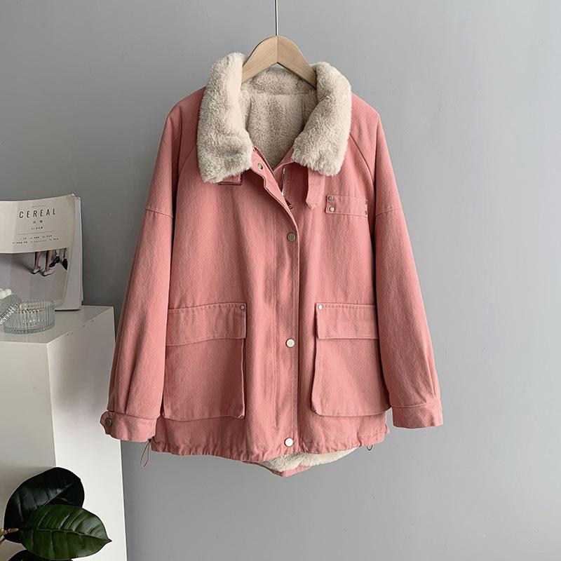 Frauen Herbst Winter Stehkragen Langarm Denim Pelzigen Kausalen Chic Jacke Lose Zipper Jacke