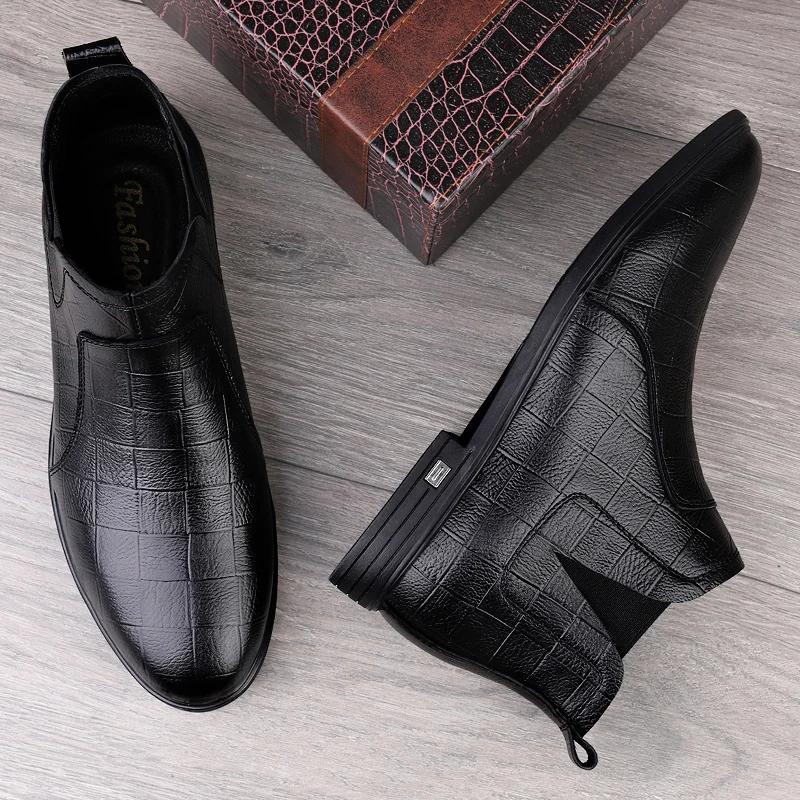 Fashion Warm Plush Fur Men Dress Boots Fashion Chelsea Boots Business Genuine Leather Casual Shoes British Style Short Boots Ankle Botas