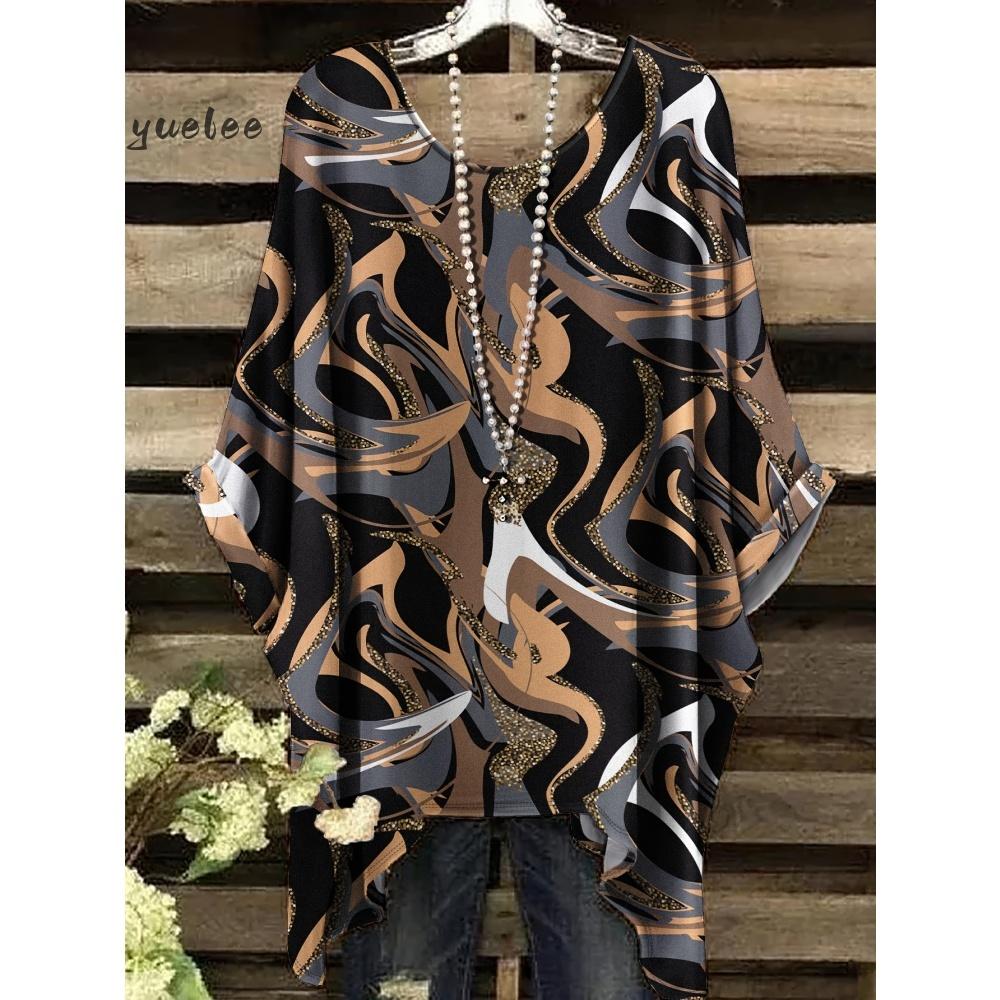 Tessuto Estivo Imitazione Denim Stampa Tie-Dye Orlo Irregolare Girocollo Manica Corta da Donna Abbigliamento Casual da Esterno da Donna