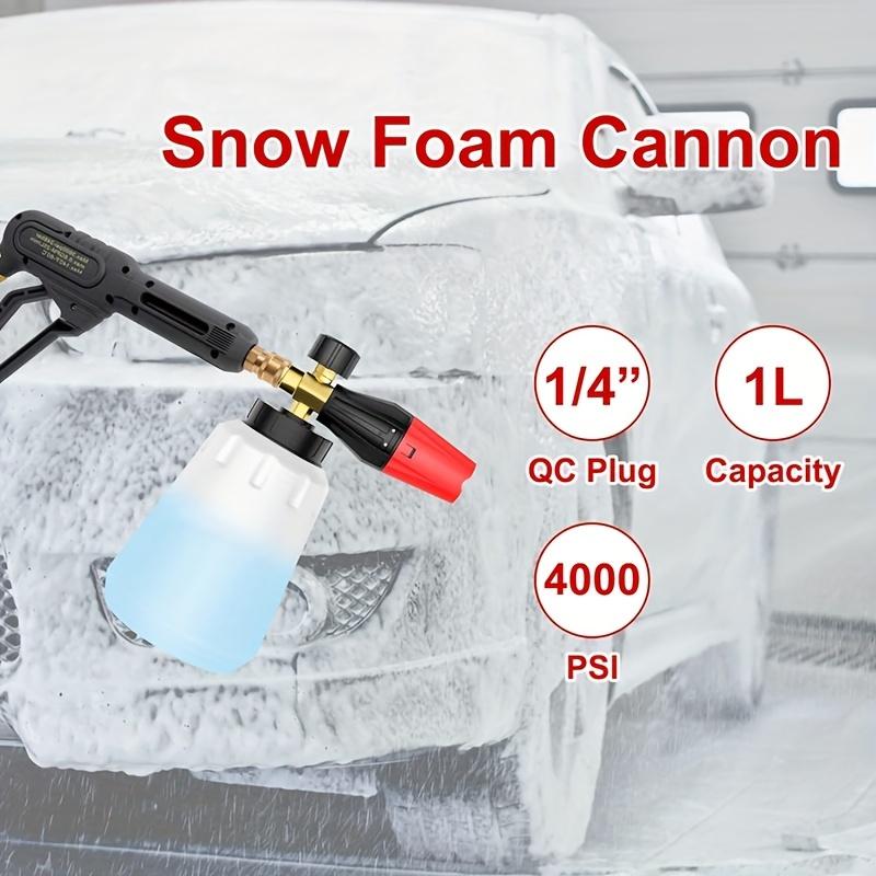 Adjustable Nozzle Foam Cannon, 1L Thick Bottle, 1/4" Quick Connect, 5 Nozzles with Base, for Pressure Washers, Battery-Free