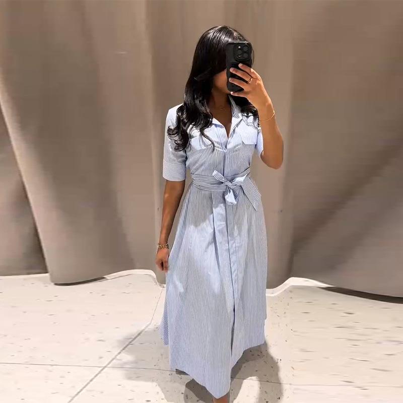 Women's Collar Tied Striped Dress for Daily Wear Blue Striped Fresh Style Summer New Temperament Style Belt Decoration Women's Leisure Dress