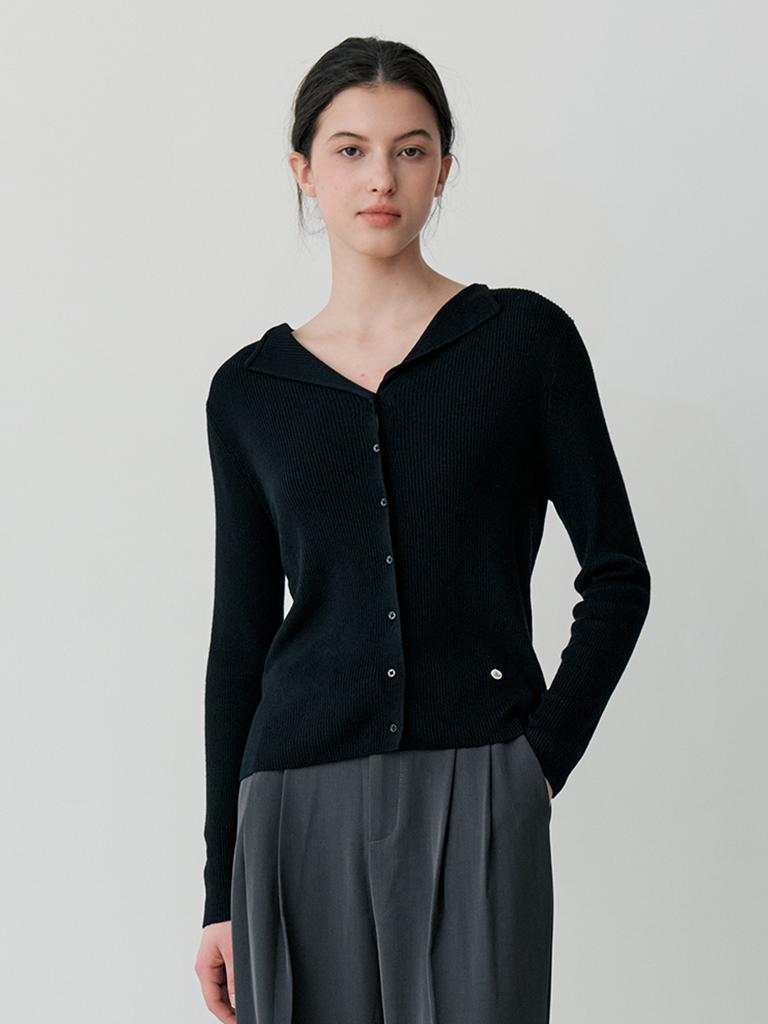 LE STUDIO Open Collar Knit Top (Bk)