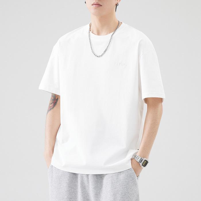 260g Heavy Japanese Loose Ice Silk Embroidered Short-sleeved T-shirt Men's Summer Casual