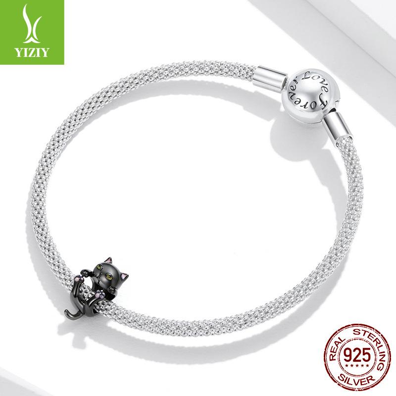 Black Gold Plated Cat Diy Bracelet Beaded, Cute Black Cat S925 Sterling Silver Beads Loose Beads