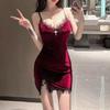 European and American Sexy Nightclub Hotties' Alluring Black Velvet Lace Strap Bodycon Mini Dress for Women
