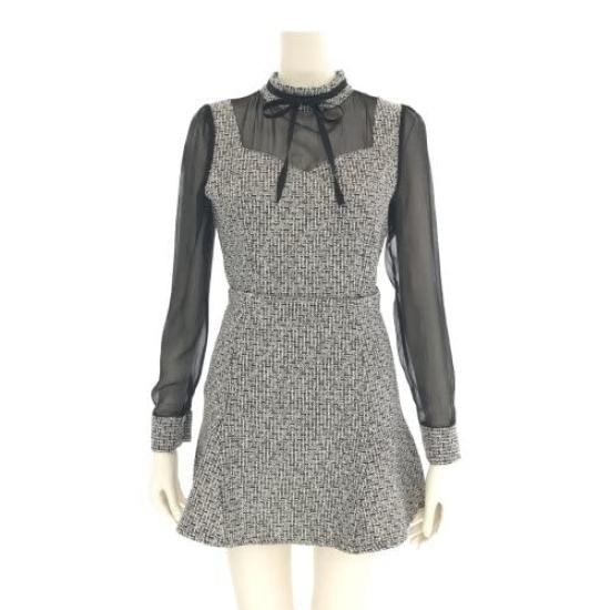 GRAXIA Cabaret Mini Long and Gray and Size M Women's Two-Piece Dress, Dress, Set, Sleeves, Pleated, Ribbon, Lace, Black,
