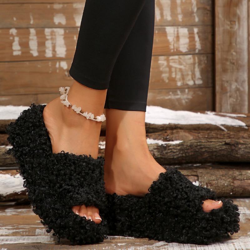 One-word Cotton Slippers Women's Thick-soled High-heeled Autumn and Winter New Large-size Fluffy Slippers Women's Outer Slippers