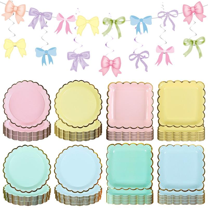 Disposable Cake Plate Paper Cups Tissue Paper Set Birthday Party Supplies Birthday Banner Ribbon Decoration Camping Tableware