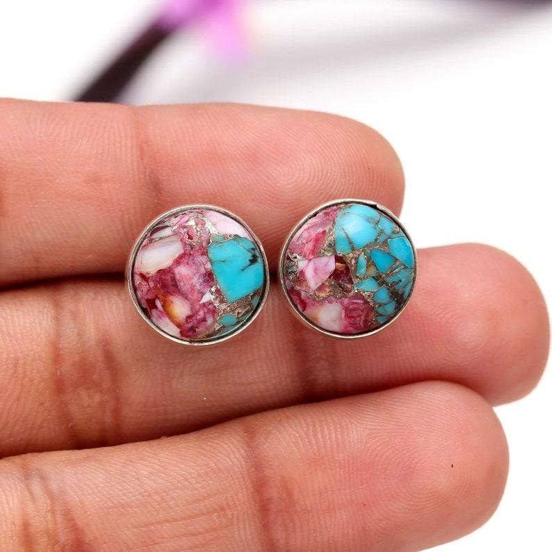 Türkiser Edelstein Ohrstecker, 925 Sterling Silber Runde Ohrstecker, Geschenk für Mama, handgemachter Ohrring, Geburtstagsgeschenkidee