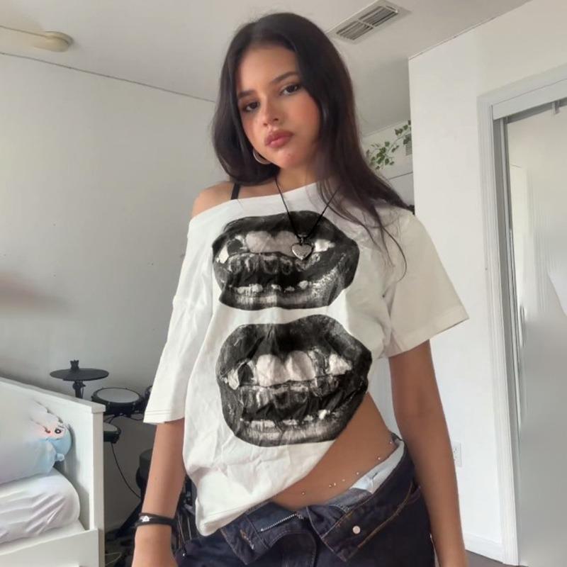 Summer Short Sleeved T-shirt Spicy Girl Street Fashion Trend Lip Print Personalized Loose Casual Top Shirt