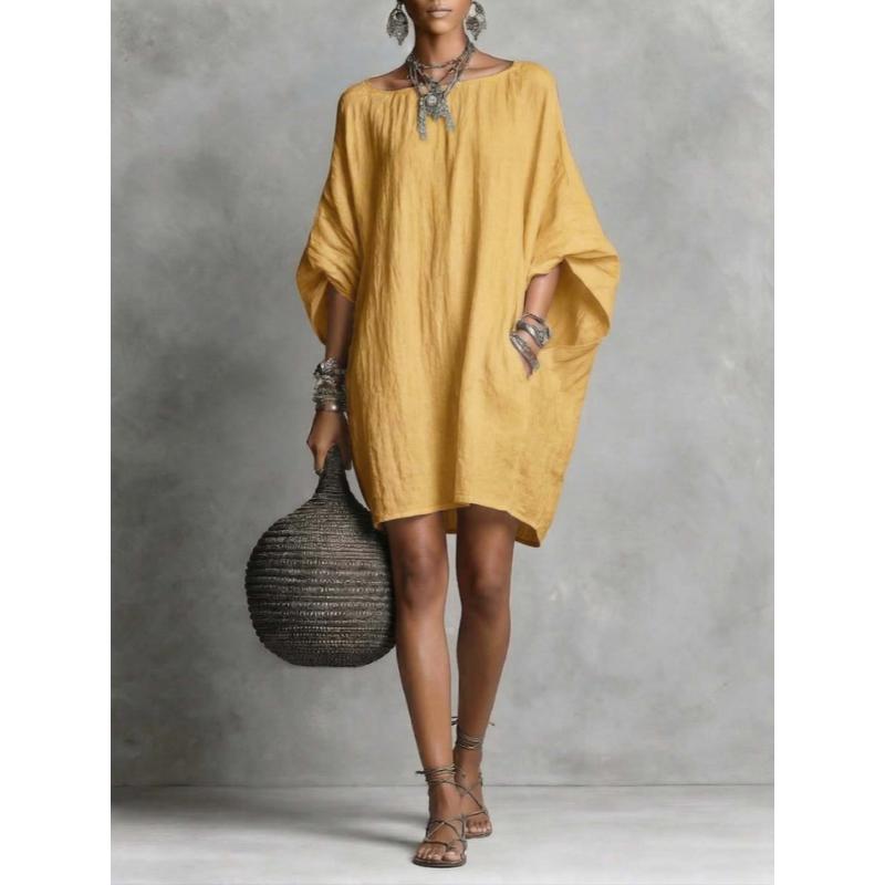 Women's Cotton Linen Look Batwing Sleeve Mini Dress Loose Boat Neck with Pockets Casual Oversized Tunic Dress Daily Vacation Beach Wear