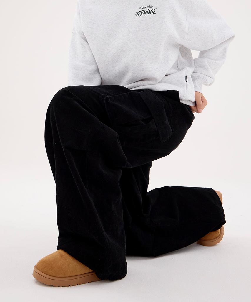 URBANAGE Corduroy Single-Pleat Wide Elastic Banding Parachute Cargo Pants_Black
