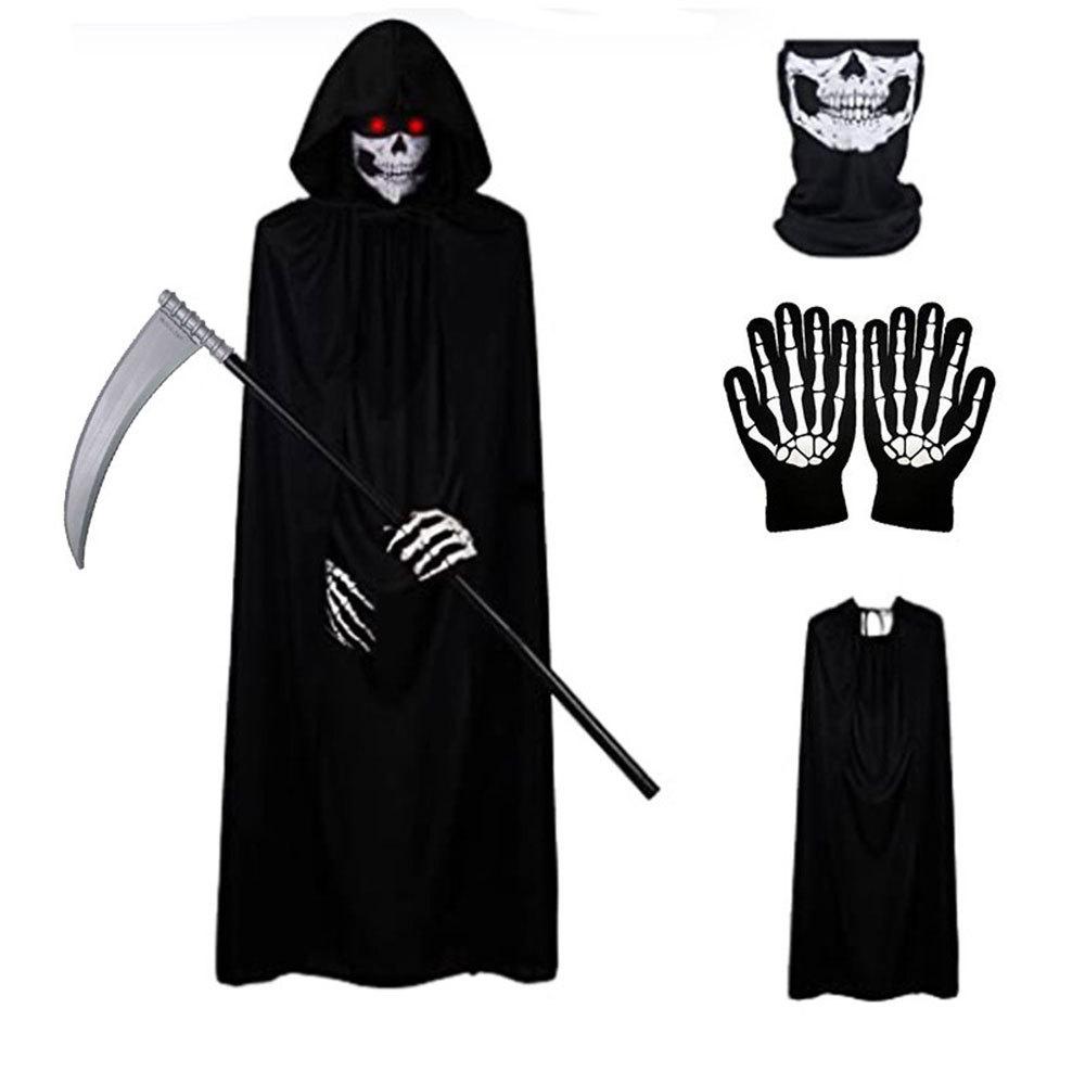 Halloween Scary Costume Grim Reaper Costume for Boys Kids Costume with Glowing Red Eyes with Gloves Mask