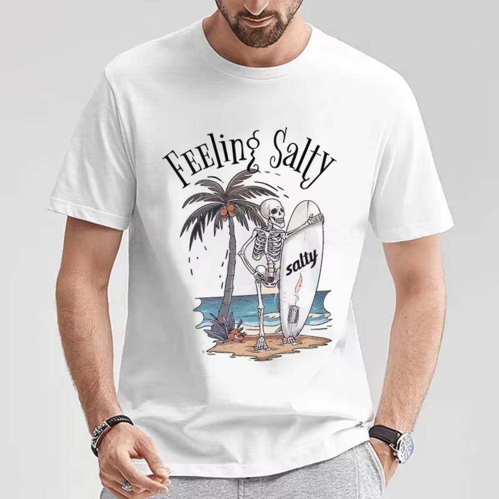 Tropical Vibes Coconut Tree & Skull Print T-shirt-Comfortable Short Sleeve,Classic O-Neck Design,Fit Casual Top for Everyday Tee