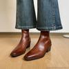 Bootie Women's 2025 New Retro Washed Cowhide Small Square Head Thick Heel Western High Heel Boots British Brown Women's Ankle